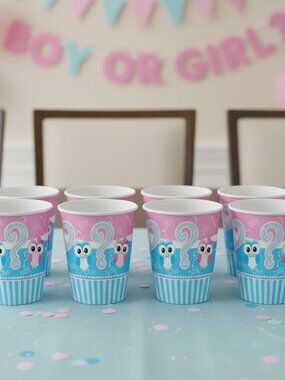 8 Gender Reveal Paper Cups Owl "What Will It Bee" Blue Pink Party Supplies 9oz